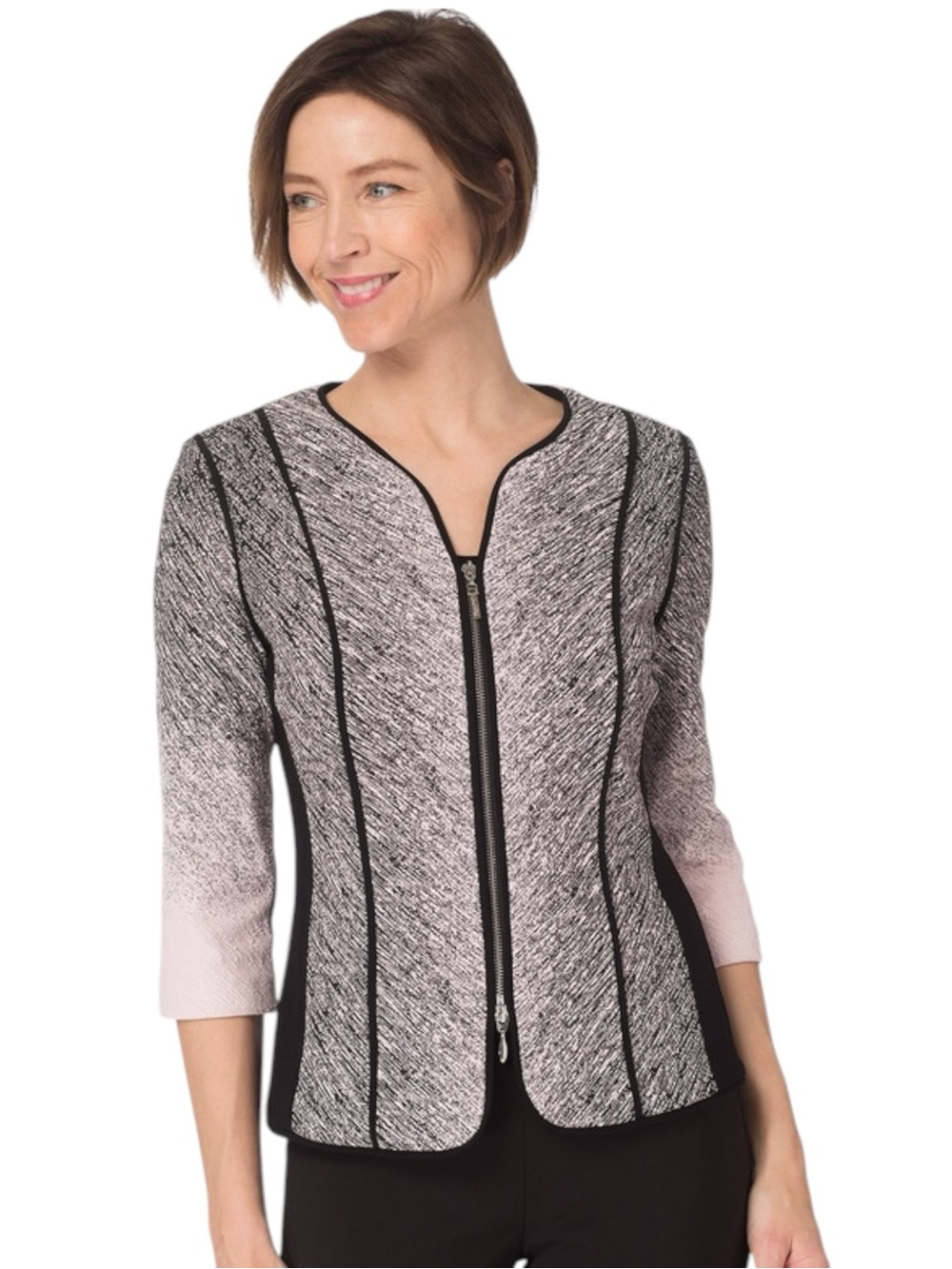 Joseph Ribkoff Black/Pink Textured Knit Double Zip 3/4 Sleeve Jacket (10/12)
